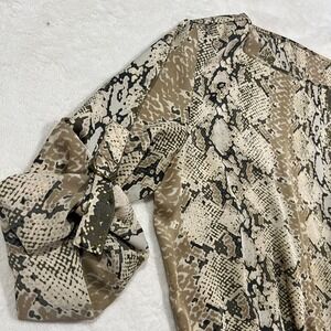 Michael Kors Brown and Tan Snake Print Blouse Smocked Waist Roll Tab Sleeve Top